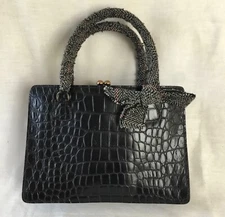 Miu Miu Black Crocodile and Leather Trim Tote with Wool Wrapped Handles and Bow