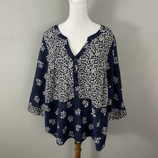 Lucky Brand Blouse Size 1X Navy Blue Cream Floral Buttons 3/4 Sleeve Top Shirt