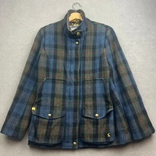 JOULES Field Coat Women UK 14 Blue Jacket Tweed Wool Country Plaid Tartan Check