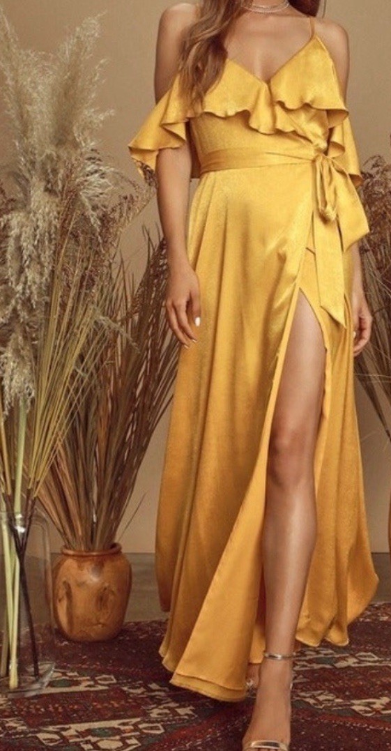 Lulu's Yellow Satin Wrap Maxi Dress Formal Size M NWT | eBay
