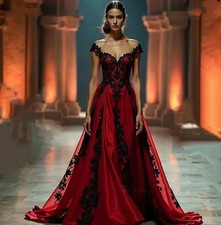 Black Red Gothic Prom Dresses Cap Sleeves Lace Appliques Vintage Evening Gowns