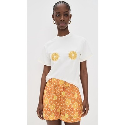 Never Fully Dressed White Orange Slice Graphic T-Shirt Large Women Short Sleeve