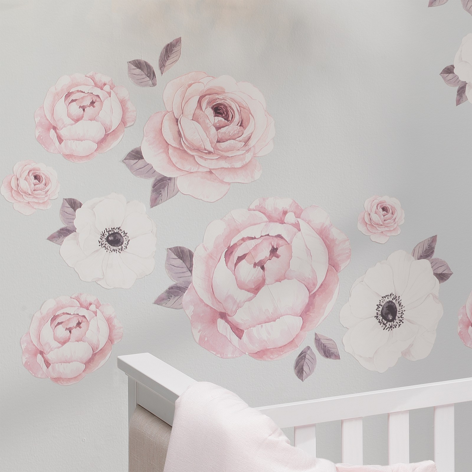 Lambs & Ivy Floral Garden Watercolor/Pink Linen 5-Piece Baby Crib Bedding Set