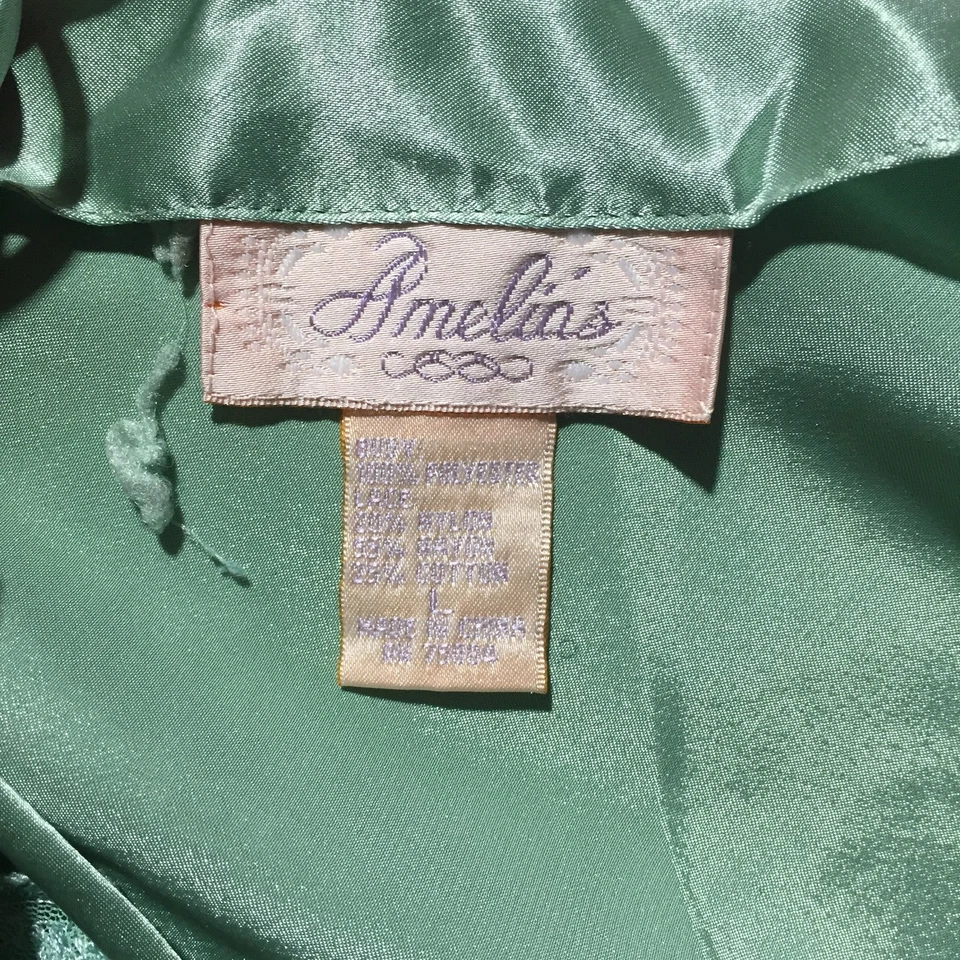 Amelia's Satin Nightgown Cami Womens L Large Shiny Green Lace Accented V Neck - Image 3 of 4