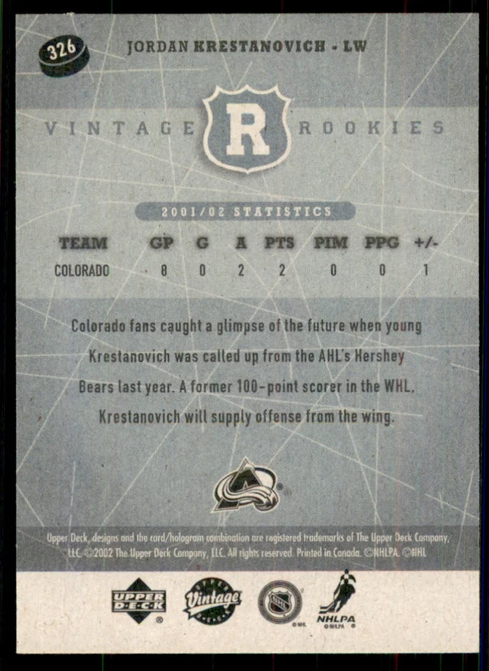 2003-04 Upper Deck Vintage #326 Jordan Krestanovich Rookie Colorado Avalanche - Image 2 of 2