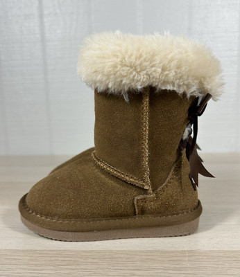 EUC LAMO TODDLER GIRLS FUR LINED BOOTS SIZE 8 C SUEDE TAN BROWN PULL ON BOW