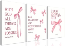 Coquette Pink Bow Canvas Wall Art Set of 3 Inspirational Bible Verses Decor P...