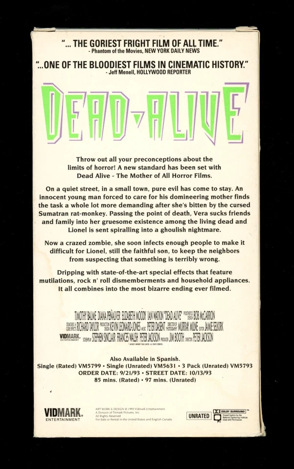 Dead Alive (VHS, 1993) Peter Jackson - Screener Promo Tape - UNRATED - Horror - Image 2 of 4