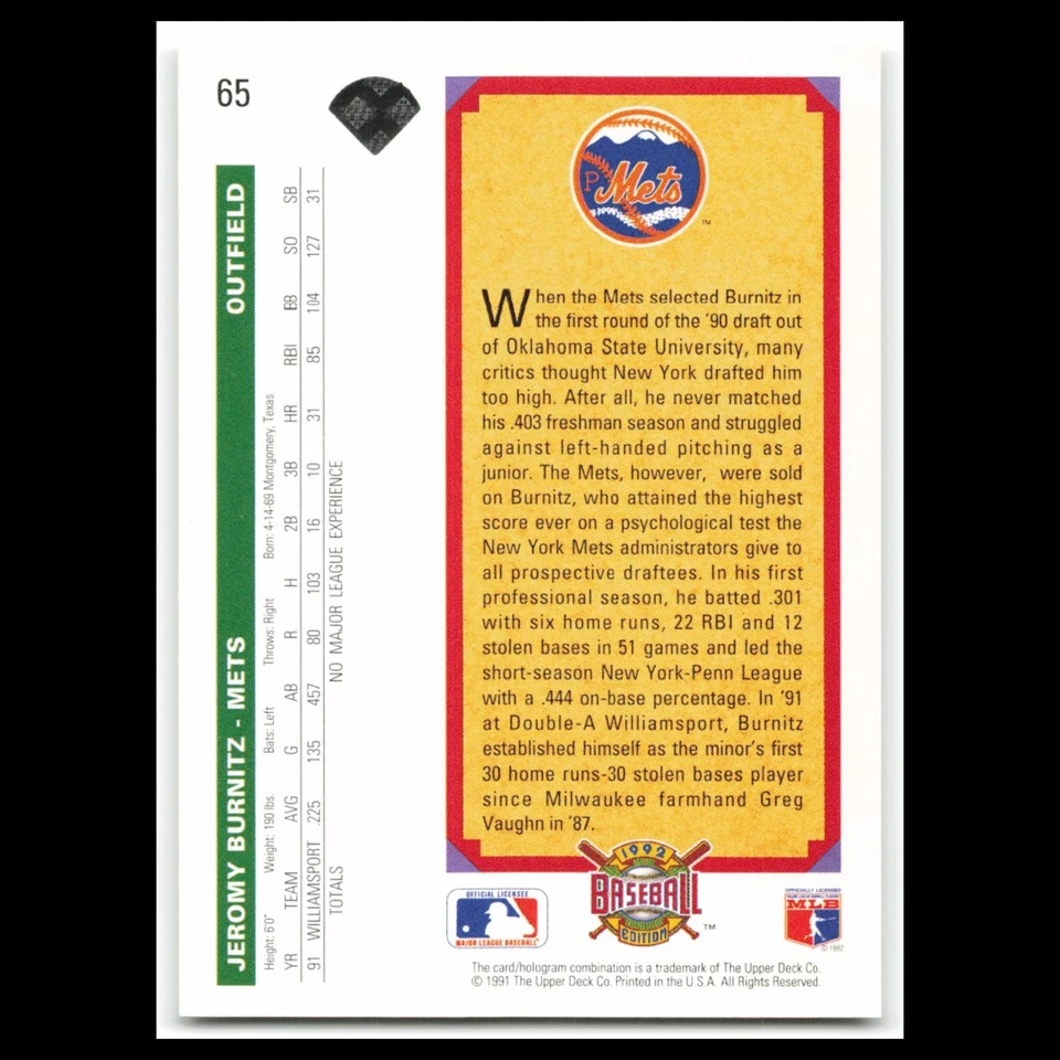 Jeromy Burnitz Rookie #65 1992 Upper Deck New York Mets Baseball Card MLB NM - Image 2 of 3