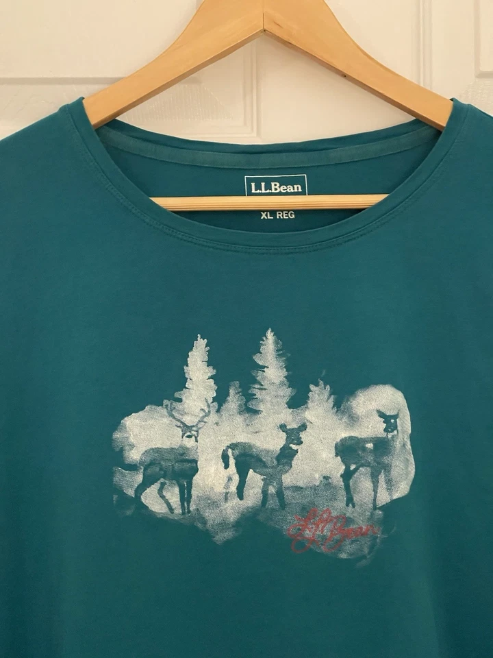 LLBean Navidad Vacaciones Mujer XL Verde azulado Camiseta Manga Larga Nieve Árboles Ciervo Buck Foto 2 de 4