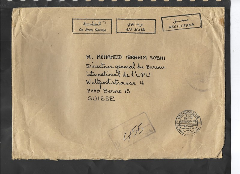 IRAQ-1982-LARGE COVER-OFFICIAL-AIR-REGISTERED TO SWITZERLAND-FAULTS-#840
