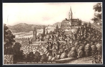 Artist postcard Lindenfels, partial view with castle after Merian 1630, coat of arms 1928 