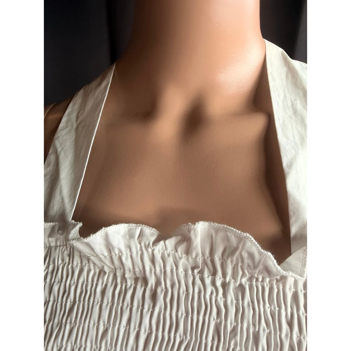Burans Dayla White Smocked Ruffle Halter Open Back Tie Crop Top 8 Babydoll NEW