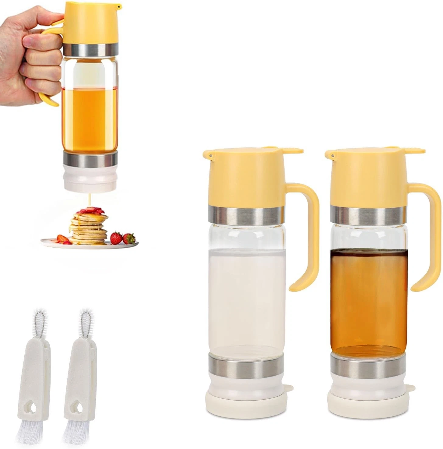 2 Pack 12 Oz Glass Honey Dispenser Pot with Silicone Base No Drip dark yellow