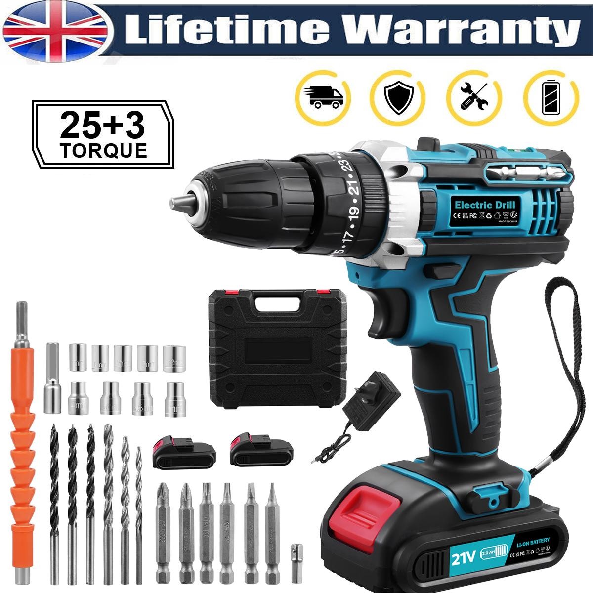 2 Battery 21V Cordless Drill Combi Driver High Power Electric Screwdriver Set UK
