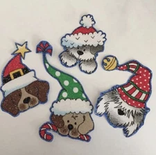 Christmas Santas Puppy Faces- Iron On fabric appliques - Holiday Dogs