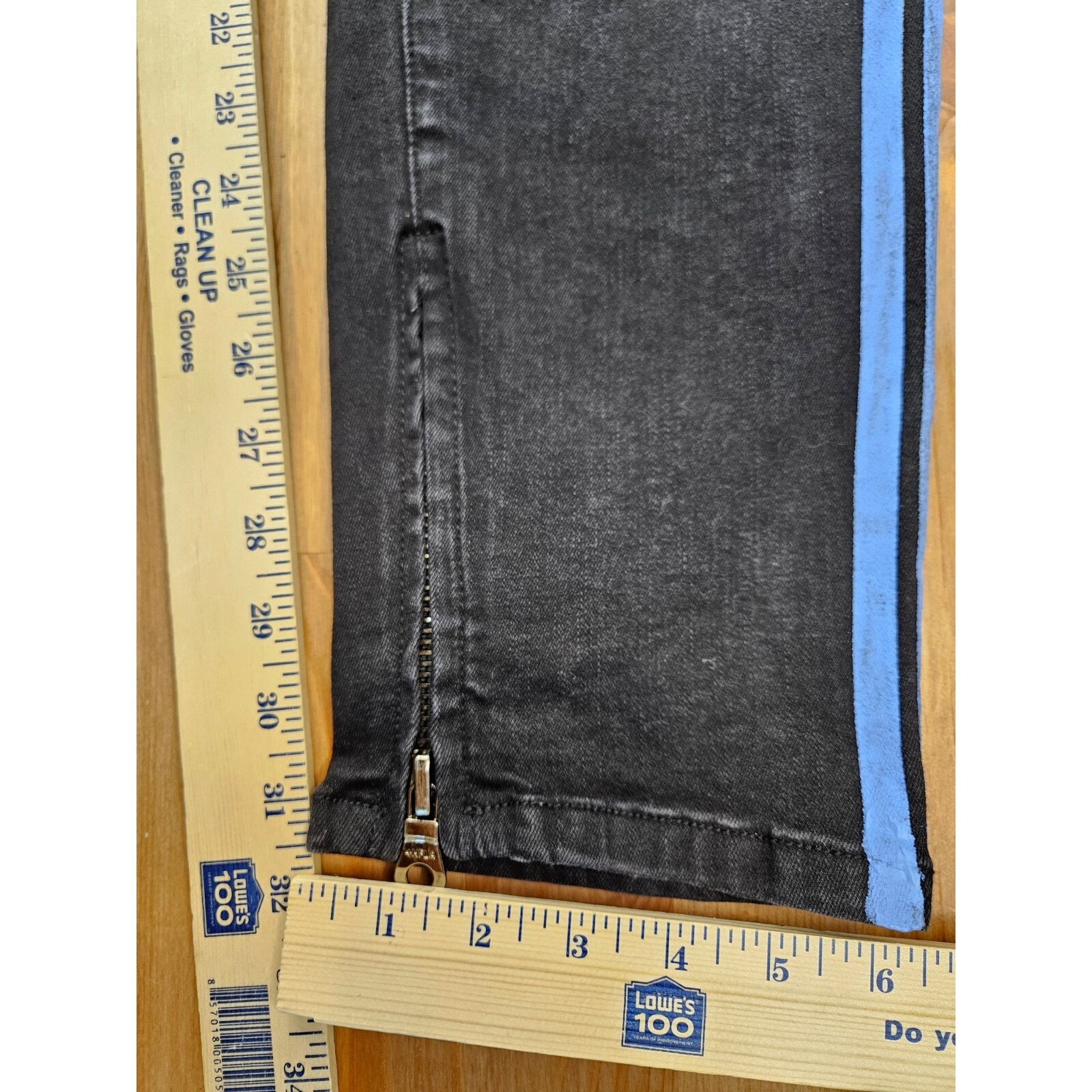 $175 Homme + Femme Mens Letterman Black with Baby Blue Letters Distressed Jeans