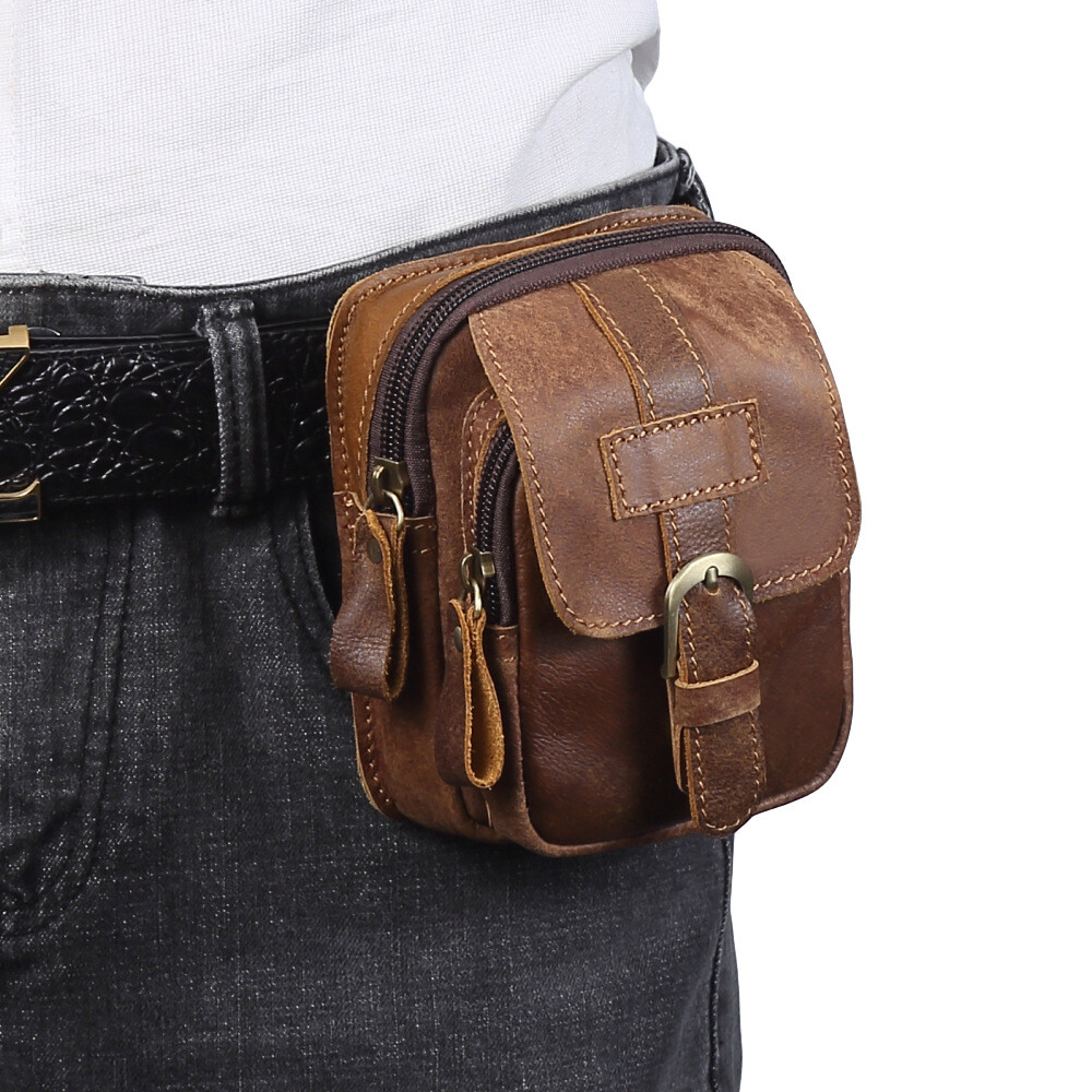 Vintage Men Leather Belt Hook Fanny Waist Bag Outdoor Key Phone