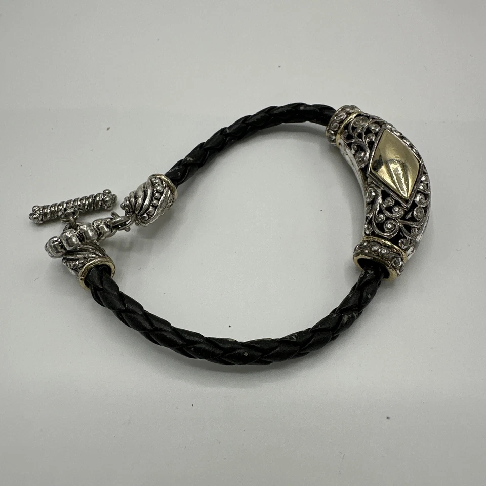 Pulsera de bisutería trenzada de cuero negro tono plata cuentas ornamentadas palanca Foto 3 de 4