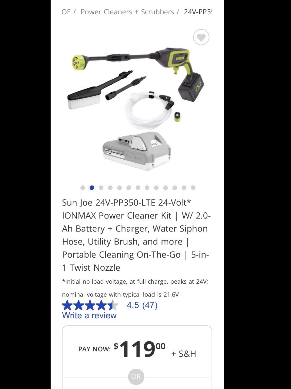Sun Joe 24V Cordless Power Cleaner Power Washer Kit W/ Accessories