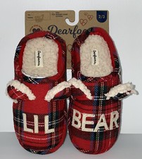 Dearfoams Kids Boy Girl Slippers Lil Bear Fleece Buffalo Plaid Red Size 2/3 NEW