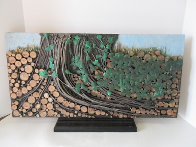 Original OOAK Acrylic collage painting Tree roots 3D natural wood ivy  12 x 24