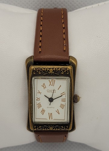 Ladies Vintage Guess 1989 Rectange Gold Tone Brown Leater Band Watch L5 - Picture 4 of 9