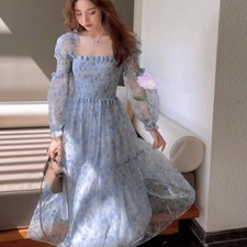 Lady Organza Floral Dress Puff Ruffle Fairy Sweet Mesh Tull Midi Prom Gown Dress