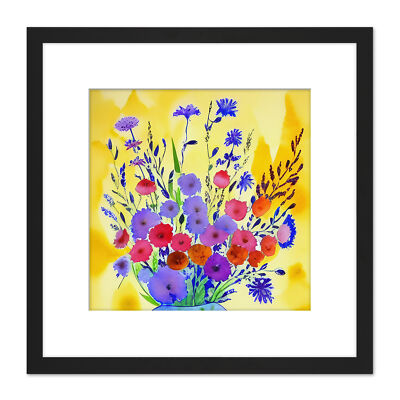 Wildblumenstrauß Vase vor der Wand quadratisch gerahmter Wandkunstdruck 9 x 9 Zoll