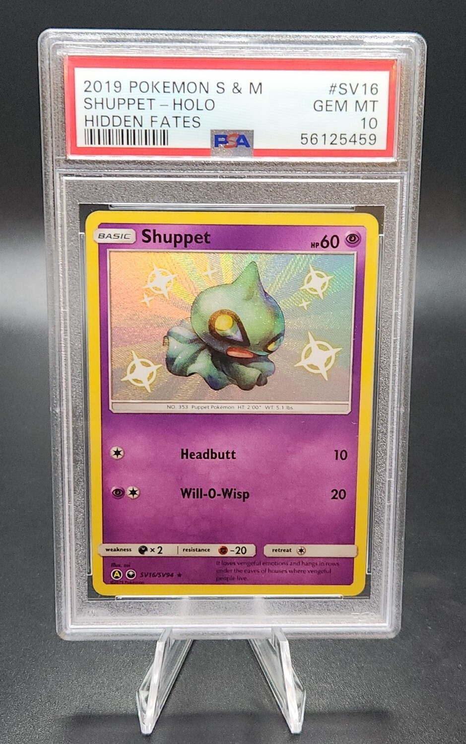 2019 Pokemon Sun & Moon Hidden Fates Holo #SV16 Shiny Shuppet PSA 10 GEM MINT