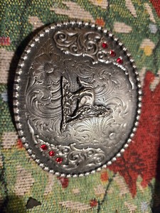 Silver Tone Etched Western Belt Buckle HORSE & RED RHINESTONES embossed
