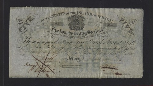 JERSEY 5 POUNDS 1840 P- A1 EF-AU RARE UK Great Britain