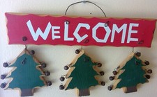 Christmas wall plaque wood holiday winter trees bells Welcome rustic country 11"