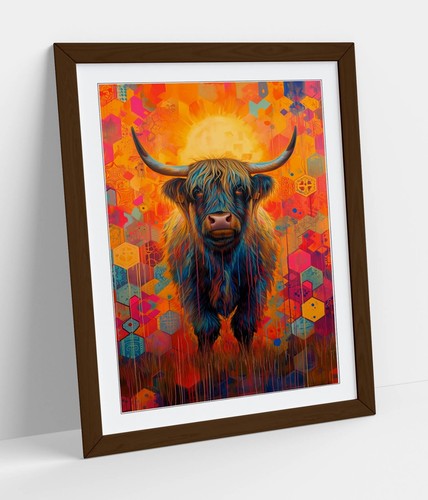 PAINTING OF A HIGHLAND COW WITH HEXAGONS -FRAMED WALL ART POSTER PAPER PRINT - Picture 2 of 11