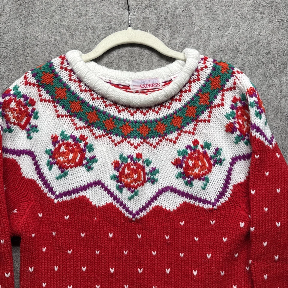 Suéter Vintage Años 80 Metro Express Niñas M 10-12 Rojo Pullover Floral Casa de Campo Foto 2 de 4