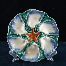 Antique French Oyster Plate Majolica Starfish Green Blue from Dijoin area N2