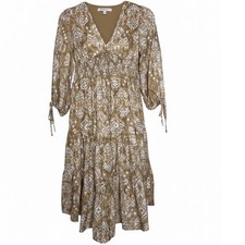 Cupio Women Gold White Ikat Smocked Waist Tiered Midi Dress Size S NWT's