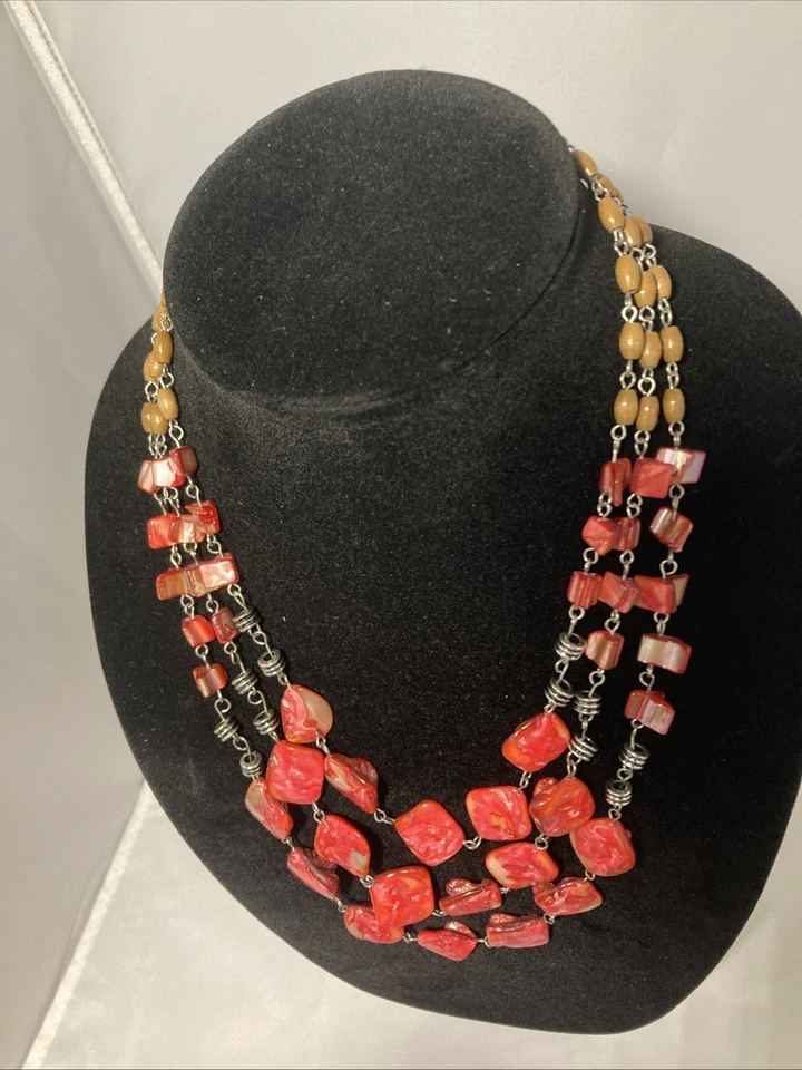 Collar Abulón Rojo Naranja con Eslabón de Cadena y Espaciadores de Cuentas de Madera 3 Hilos 16" Foto 3 de 3