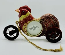 Folk Art Wooden Rooster On Wheels Trike 2x2 Picture Frame    Country Decor