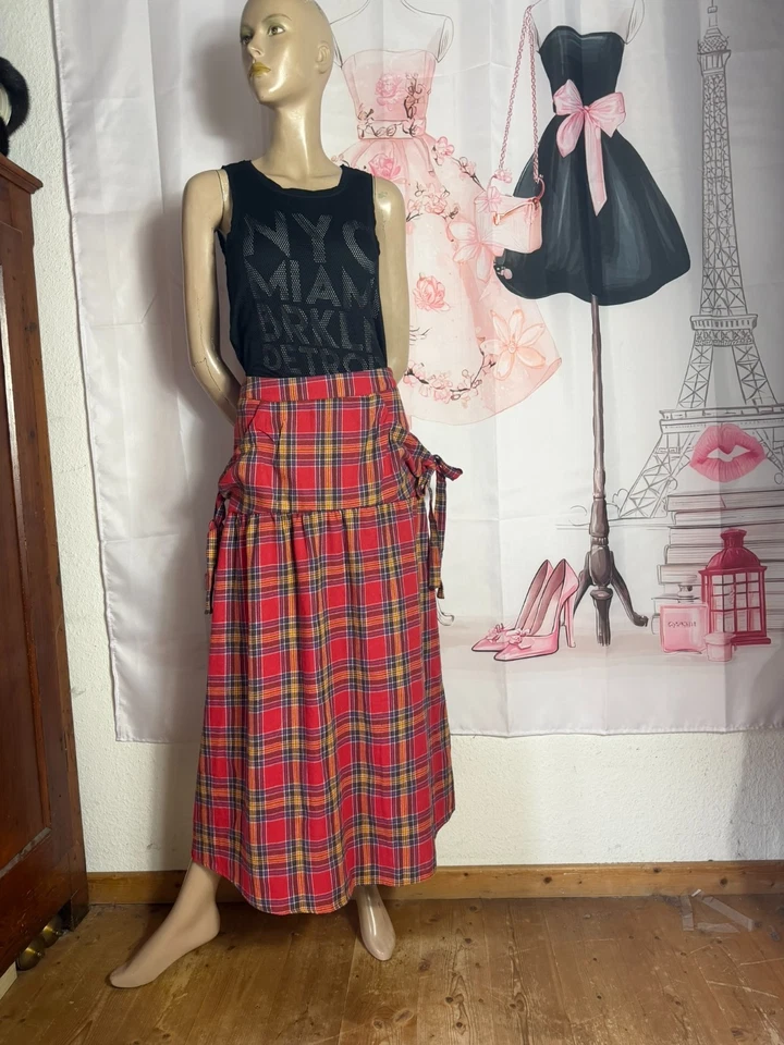 Vintage Schottenrock 70er Tartan Wolle Rock Maxi XS Karo Rot Punk Rafftaschen - Bild 2 von 4