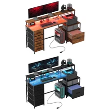 HOMCOM 67" Computer Desk Home Office Desk with File Cabinet Lights