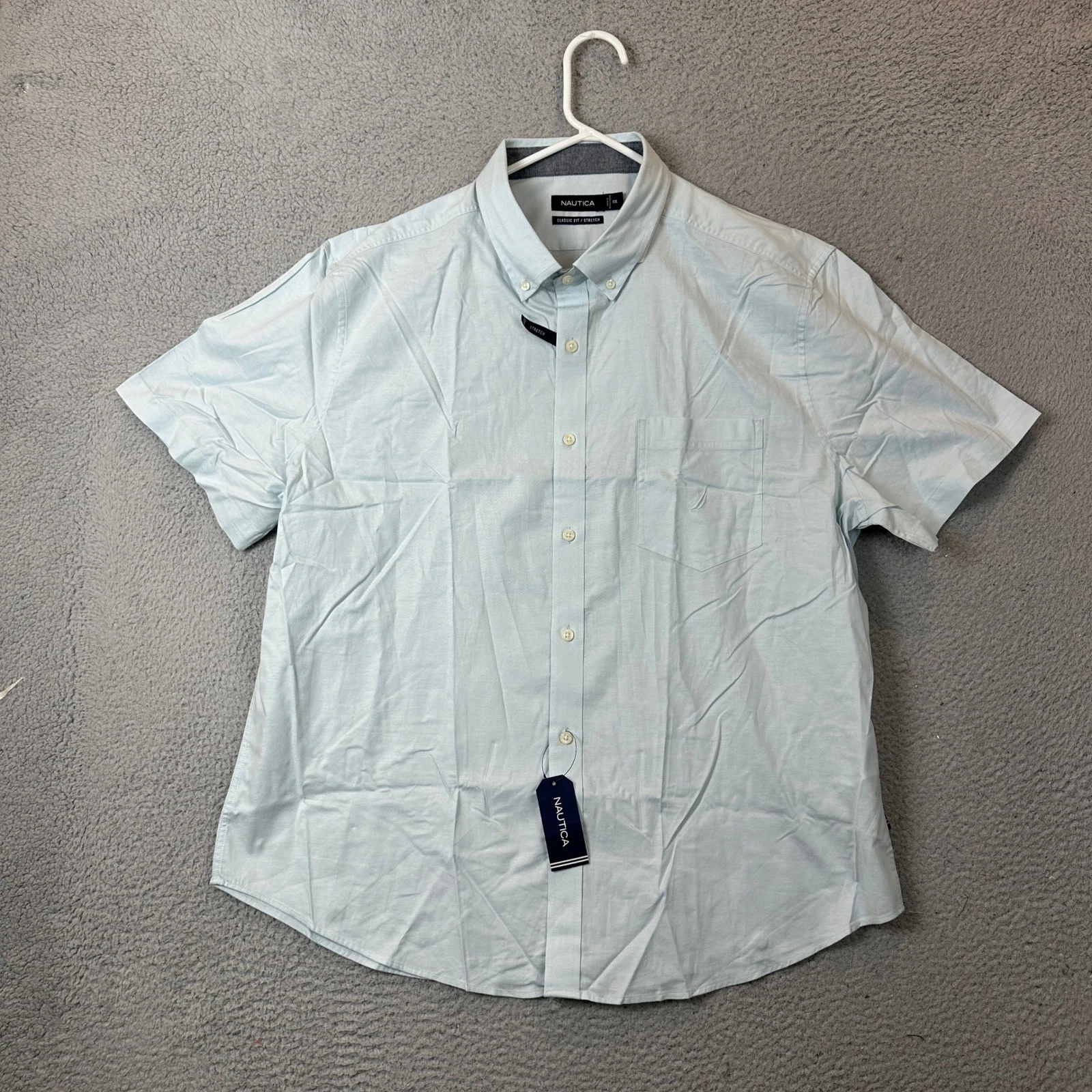 NEW Nautica Shirt Mens 2XL Classic Fit Stretch Blue Short Sleeve Button Down image 2