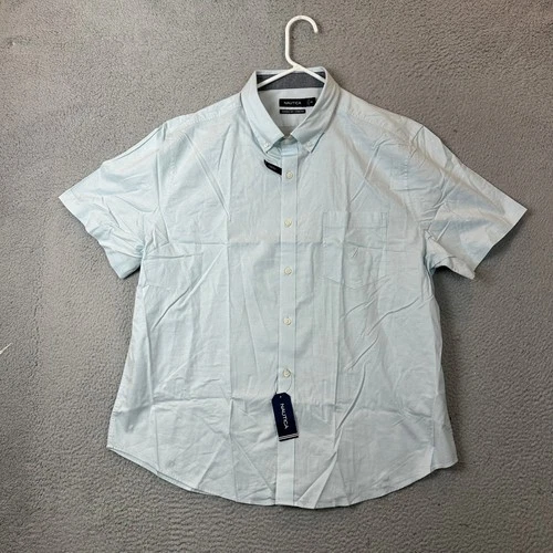 NEW Nautica Shirt Mens 2XL Classic Fit Stretch Blue Short Sleeve Button Down image 2