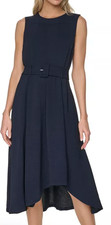 NWT Calvin Klein Crew Neck Midi Lined Belted Dress, 10, Indigo Multi, $139