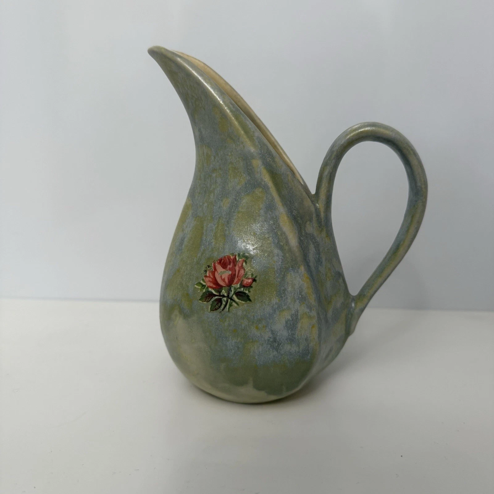 Elegant Green Ceramic Vase Pitcher with Rose Design signed home decor art