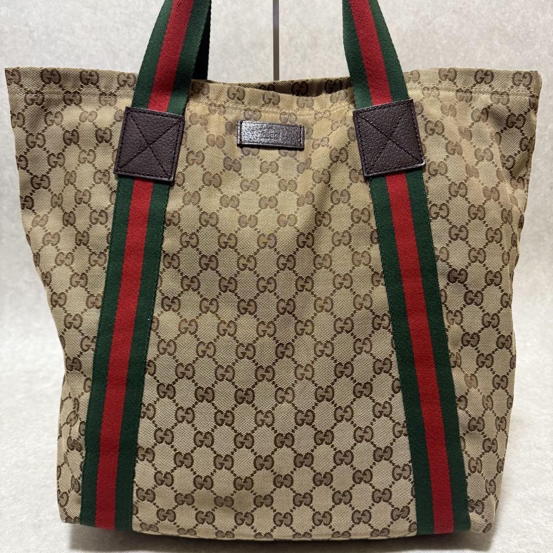 Gucci Sherry Line GG Canvas Tote Bag Brown Red Green Large Capacity