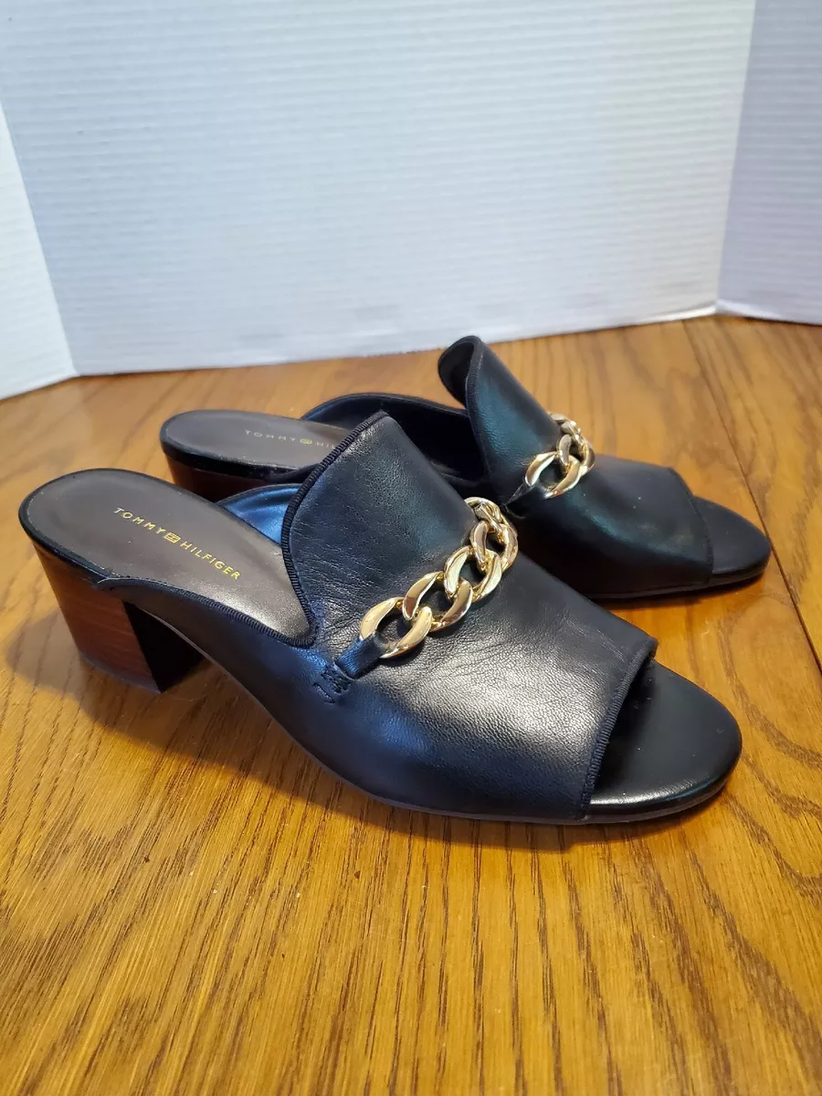 Tommy Hilfiger Women&#039;s 8M Black Slide Sandals Gold Chain Shoes | eBay