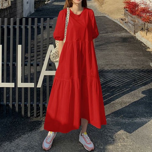 Women Summer Short Sleeve Maxi Dress Linen Cotton Fashion Style Tiered  Skirts | eBay