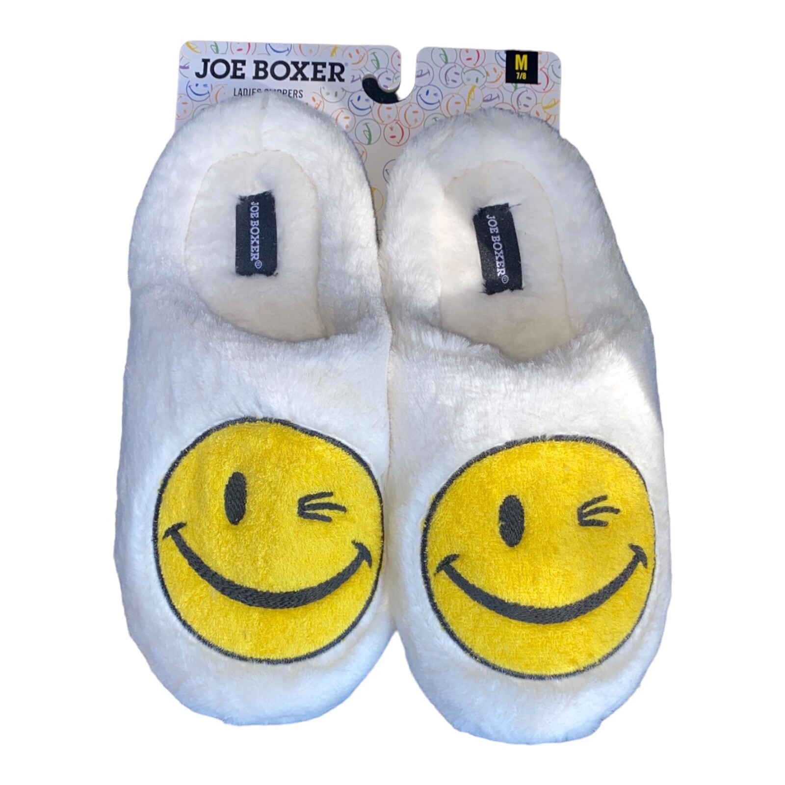 PANTOFOLA D’ORO Pantofole sorridenti~Joe Boxer~Pantofole Happy Face~Accoglienti interne bianche gialle nere~7 8