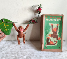 Vintage Playful Monkey Boxed Cloth Textured Wind Up Tin Toy MT TM Japan TOY758